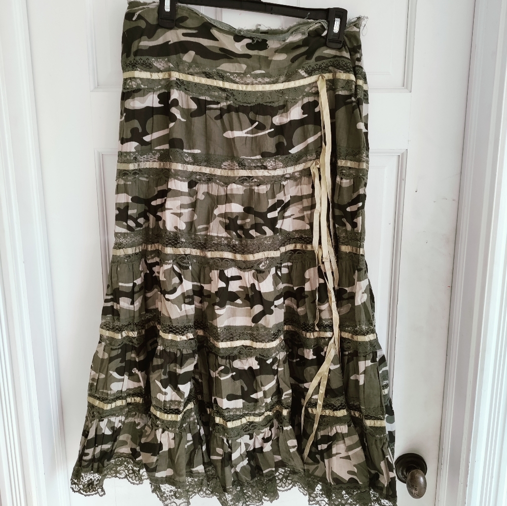 Grunge fairycore midi lace ribbon camo skirt
